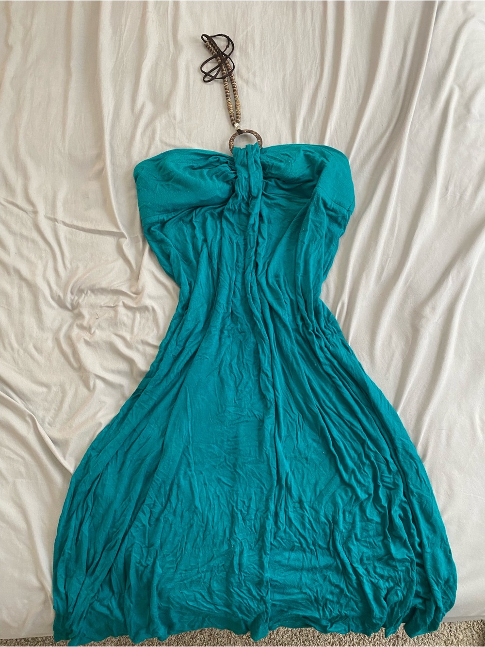 R&M Richards Teal Strapless Maxi Dress with Beaded Neck Loop